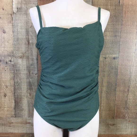 Kona Sol Green Patterned Ruched One Piece Swimsuit Womens Large Lace‎ Up Back - Picture 1 of 13